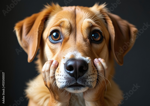 surprised dog wide eyes seen staring directly camera paws face