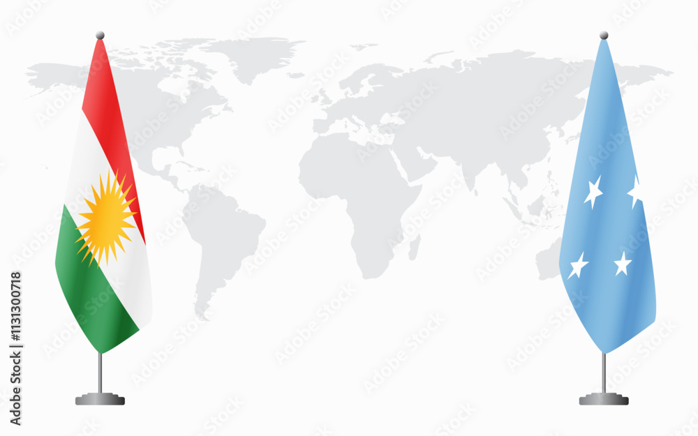 Obraz premium Kurdistan and Micronesia flags for official meeting against background of world map.