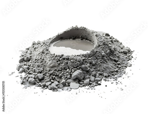 Dry cement and puddle of water, mortar powder pile isolated on white background. high resolution PNG file photo