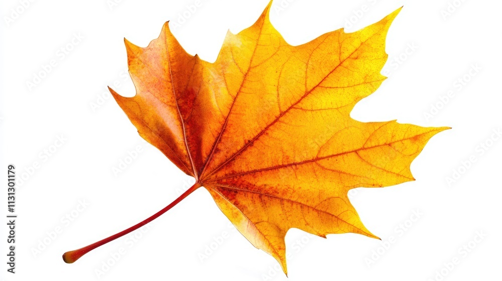Fototapeta premium Autumn leaf with vibrant orange color isolated on white background for nature and seasonal design concepts