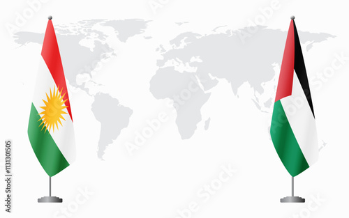 Kurdistan and Palestine flags for official meeting against background of world map.
