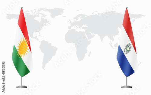 Kurdistan and Paraguay flags for official meeting against background of world map.