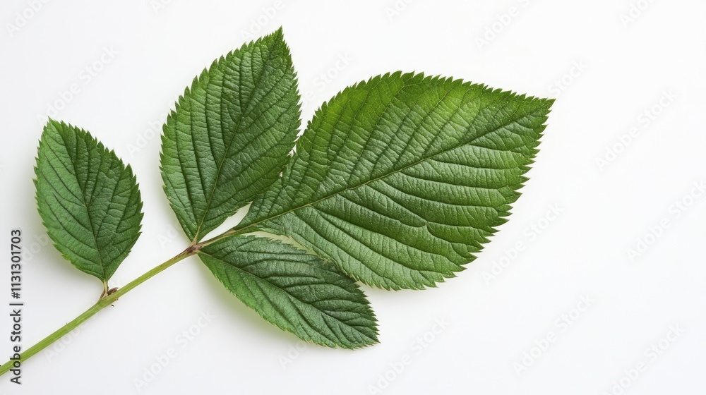 Obraz premium Blackberry leaf isolated on a white background showcasing its vibrant green color and distinct leaf structure for botanical use