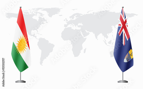 Kurdistan and Saint Helena flags for official meeting against background of world map.