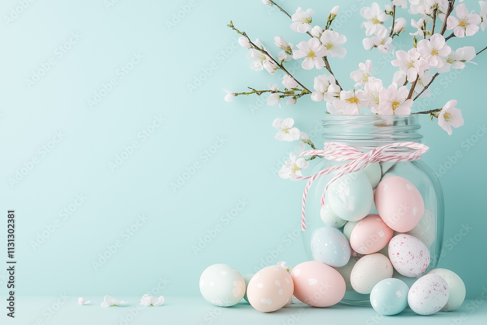 Fototapeta premium Pastel colored eggs nestled among blooming cherry blossoms in a charming jar create a delightful spring ambiance
