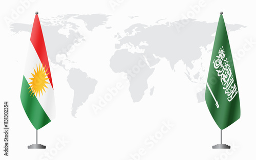 Kurdistan and Saudi Arabia flags for official meeting against background of world map.