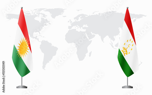 Kurdistan and Tajikistan flags for official meeting against background of world map. photo