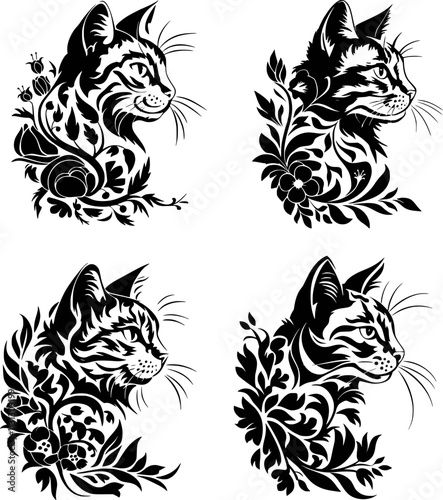 Floral Cat SVG, Black Cat eps