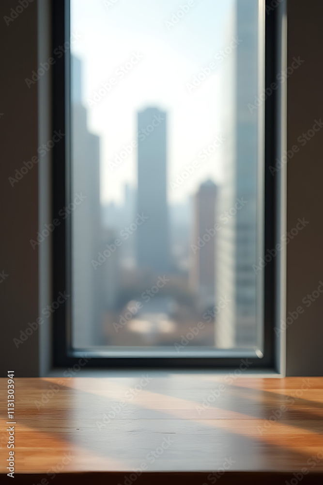 Fototapeta premium A wood table top is situated in front of a blurred city view through a window surrounded by a wall._00001_