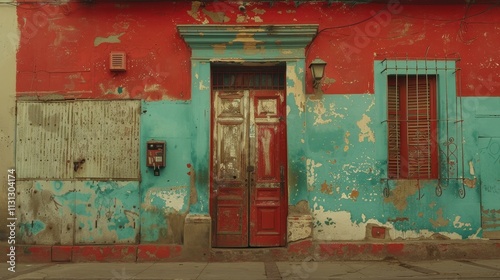 Weathered Facade Red Door Teal Wall Old Building photo