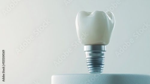 Close-up of a dental implant crown placed above the abutment and screw, isolated on a smooth grey background 