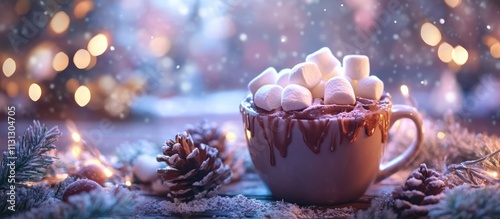 Cozy hot chocolate with marshmallows surrounded by festive decorations and snowflakes in a warm holiday atmosphere photo