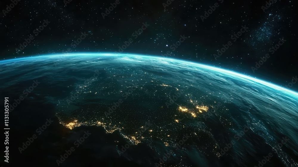 Obraz premium Earth viewed from space showcasing glowing global networks with city lights and a blue atmospheric glow against a backdrop of stars.