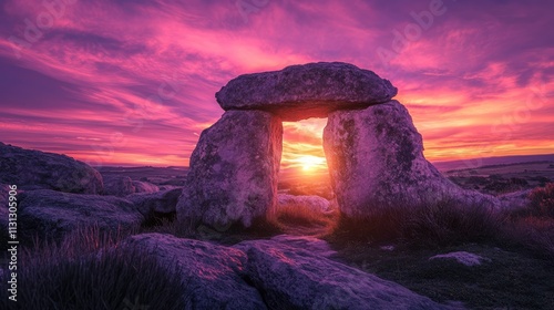 Ancient megalithic dolmen at sunset with vibrant pink sky illuminating the prehistoric structure and surrounding landscape.