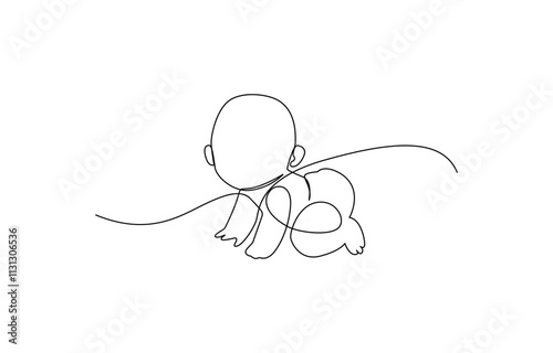 Children toy car continuous one line drawing vector illustration, Baby boy sitting in continuous line art drawing style vector illustration.