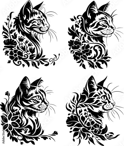 Floral Cat SVG, Black Cat eps