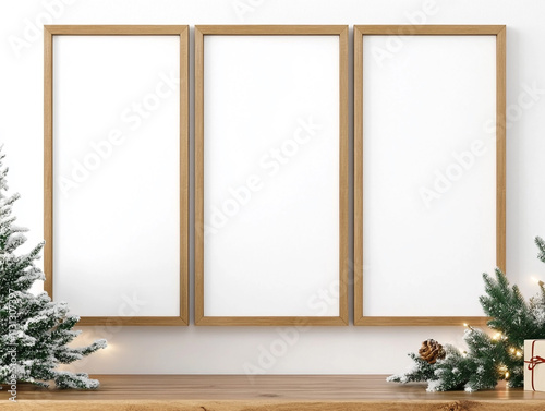 Empty wooden photo frames on a wall with festive decorations including pine branches and a serene holiday setting photo