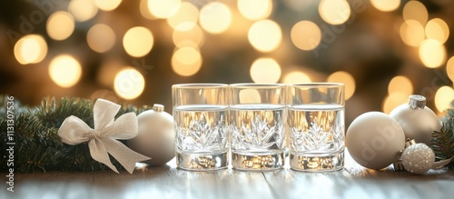 Festive shot glasses adorned with a bow and ornaments against a blurred holiday background for seasonal celebration themes. photo