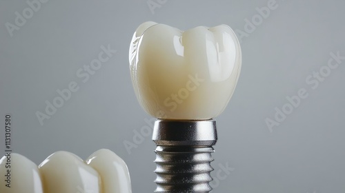 Close-up of a dental implant crown placed above the abutment and screw, isolated on a smooth grey background 