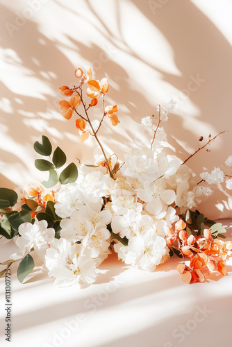 Delicate blossoms with shades of orange and white beautifully arranged, casting gentle shadows on a soft surface