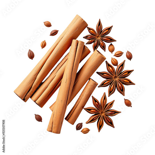 Set of cinnamon sticks and star anise seeds top view, aromatic spices isolated on white background for culinary use, fragrant seasoning flat lay for cooking, natural spice ingredients for recipes photo
