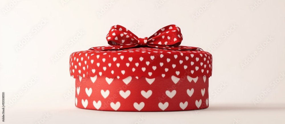Obraz premium Red gift box with white hearts and bow on a white background ideal for holiday celebrations and romantic occasions.
