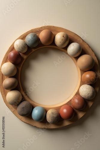 A wood circle with balls of different sizes represents an abstract concept often associated with numbers from one to three._00004_ photo