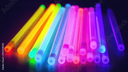 Neon glow sticks in various vibrant colors arranged on a dark background showcasing their fluorescent illumination and playful energy. photo