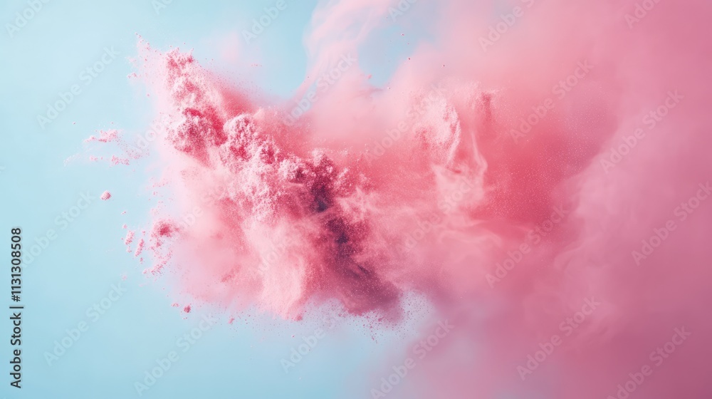 Obraz premium Colorful pink powder explosion in motion against a soft blue background creating a dynamic and vibrant abstract design element.