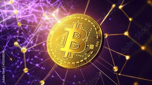 3D Bitcoin concept illustration with abstract blockchain concept in gold and purple