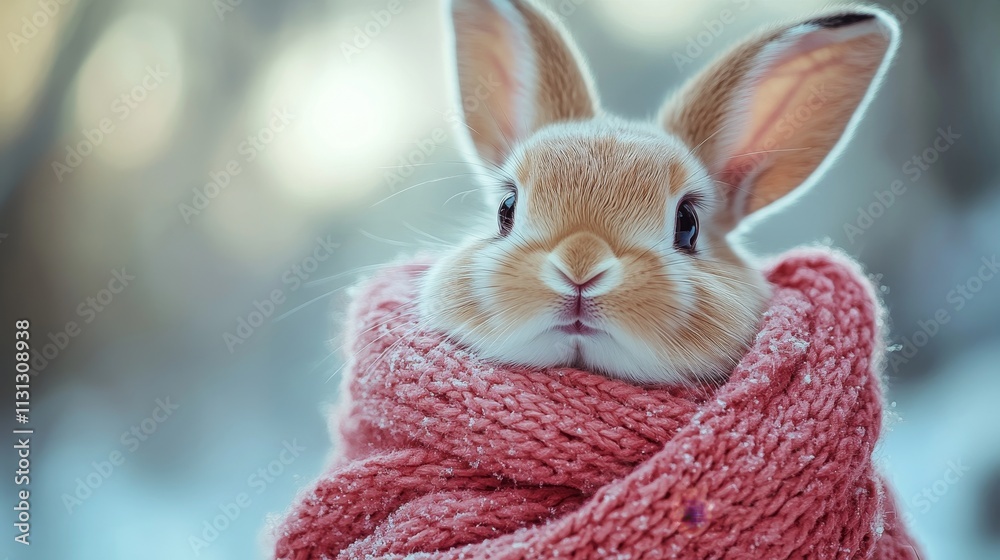Obraz premium Cute rabbit wrapped in a cozy pink scarf in winter