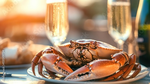 Elegantly arranged seafood dish featuring a close-up of a crab with champagne glasses in the background for a luxurious dining experience photo