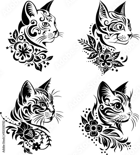 Floral Cat SVG, Black Cat eps