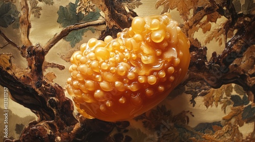 Organic sculpture of Gluta usitata resin showcasing unique textures and amber hues against a natural backdrop of branches and leaves. photo