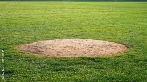 A baseball pitching mound with a focus on the mound surface and surrounding field, outdoor setting with clear weather, Clean style photo