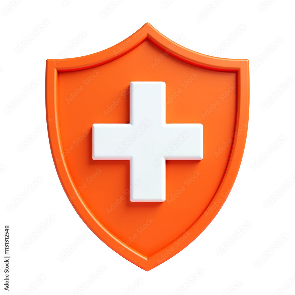 Fototapeta premium 3D render of orange shield with first aid cross, isolated on transparent PNG background, medical safety and protection symbol, emergency healthcare icon for health and security design