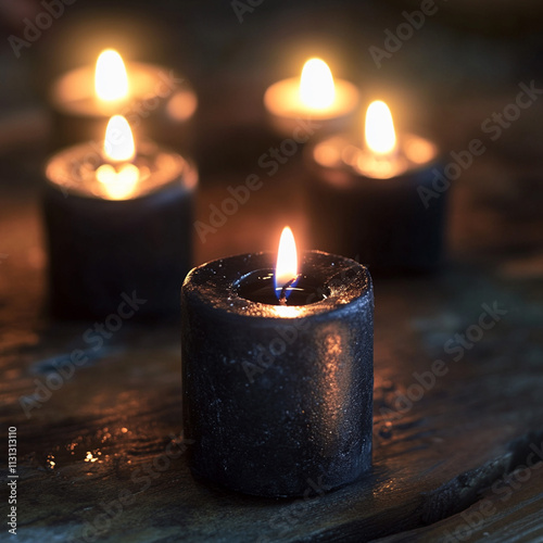 Burning black candles on dark background close up 
