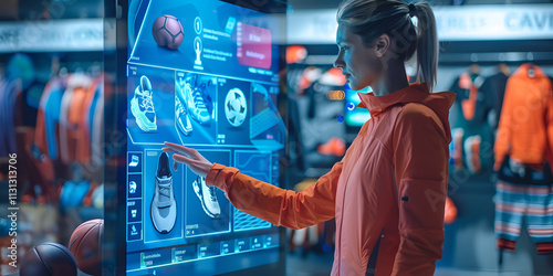  Female athlete exploring sports gear on interactive display, Shopper using digital wall to browse athletic items in store photo