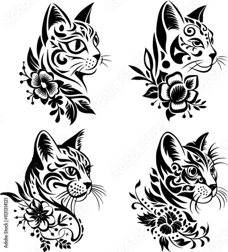 Floral Cat SVG, Black Cat eps