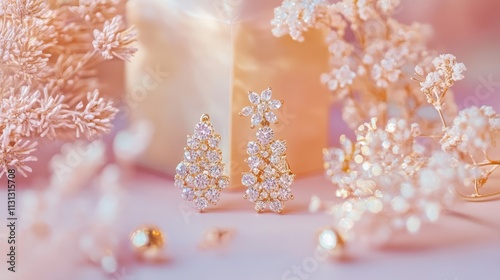 Elegant golden earrings adorned with sparkling rhinestones displayed in a soft pastel pink floral arrangement. photo