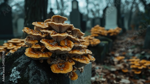 Gloomy honey fungus growing on gravestones in a misty cemetery surrounded by fallen leaves and trees. photo