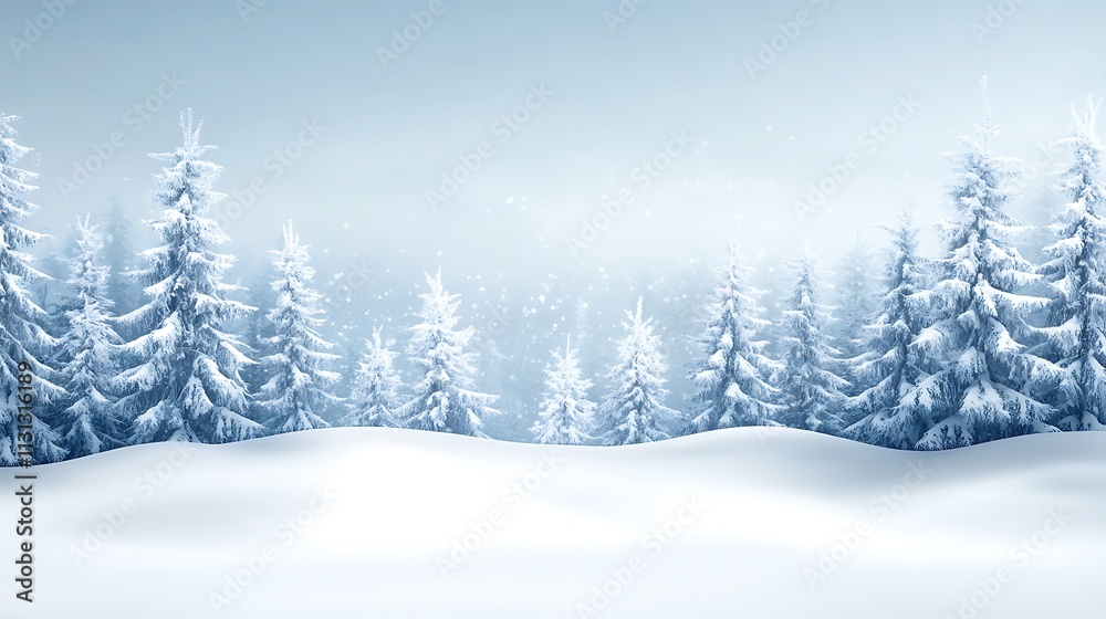 Fototapeta premium A soft, blurred snow-covered forest with a clear, open sky
