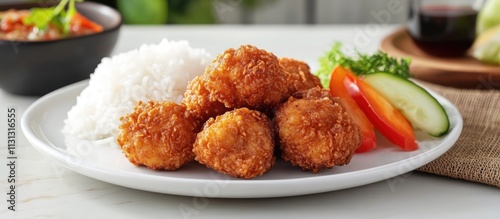 Spicy Thai chicken nuggets served with rice and fresh vegetables on a white plate a delightful fusion of flavors and textures photo