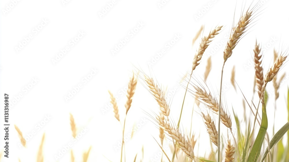 Fototapeta Golden wheat ears swaying in a gentle breeze against a softly lit white background conveying nature's beauty and agricultural abundance