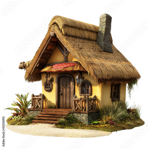 Charming bungalow cottage with thatched roof surrounded by lush plants on a transparent background, bungalow cottage, isolated transparent background photo