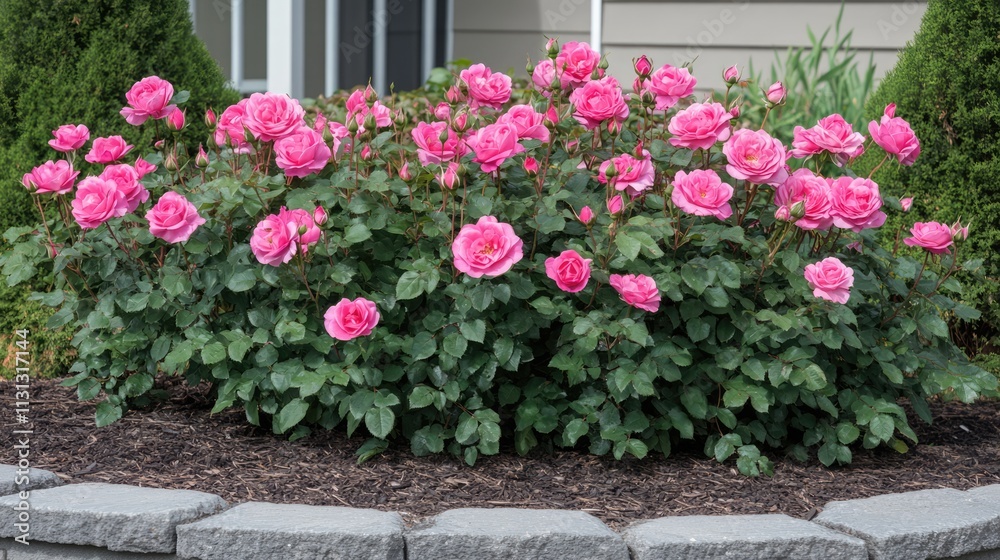 Fototapeta premium Vibrant blooming hybrid tea roses enhancing urban landscapes with beauty and fragrance in a lush garden setting