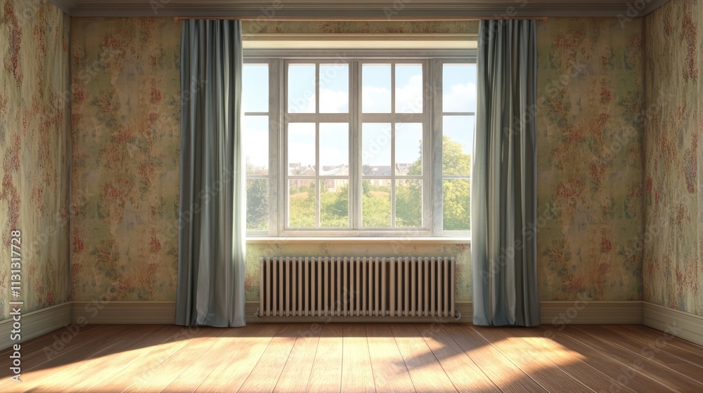 Bright and airy empty living room featuring a metal radiator under the window with heavy curtains and elegant wooden flooring. Bright and airy empty living room featuring a metal radiator under the window with heavy curtains and elegant wooden flooring.