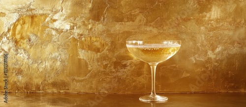 Elegant champagne glass on a shimmering golden background ideal for celebrations and luxury-themed events. photo