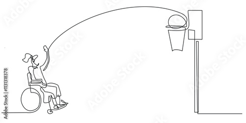 continuous line drawing of a woman sitting in a wheelchair throwing a basketball into a basket.one line drawing of a portrait of a disabled woman throwing a basketball.single line vector illustration