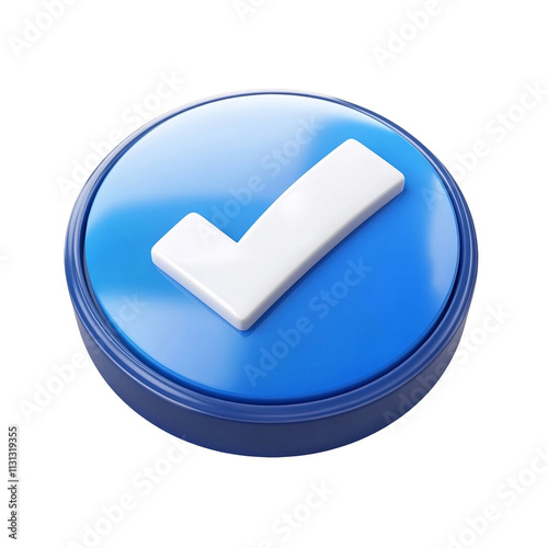 3D Rendered Blue Button with White Check Icon on transpsrent Background photo